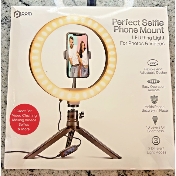 PERFECT SELFIE PHONE MOUNT LED RING LIGHT, PHOTOS, VIDEOS, ADJUSTABLE - Picture 2 of 2